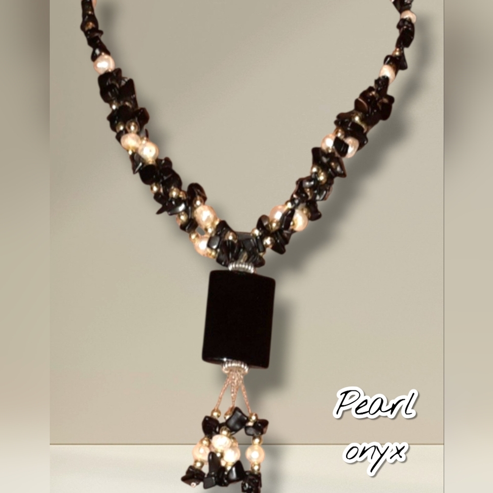 Onyx & real pearl torsade and beaded necklace with onyx pendant 22in. + pendant